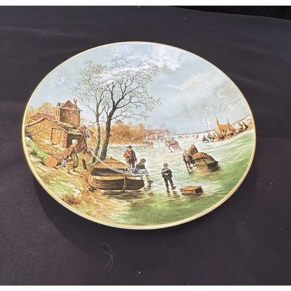 Vintage Bone China Plates Coal Port England WINTER LANDSCAPES Skating Farmers